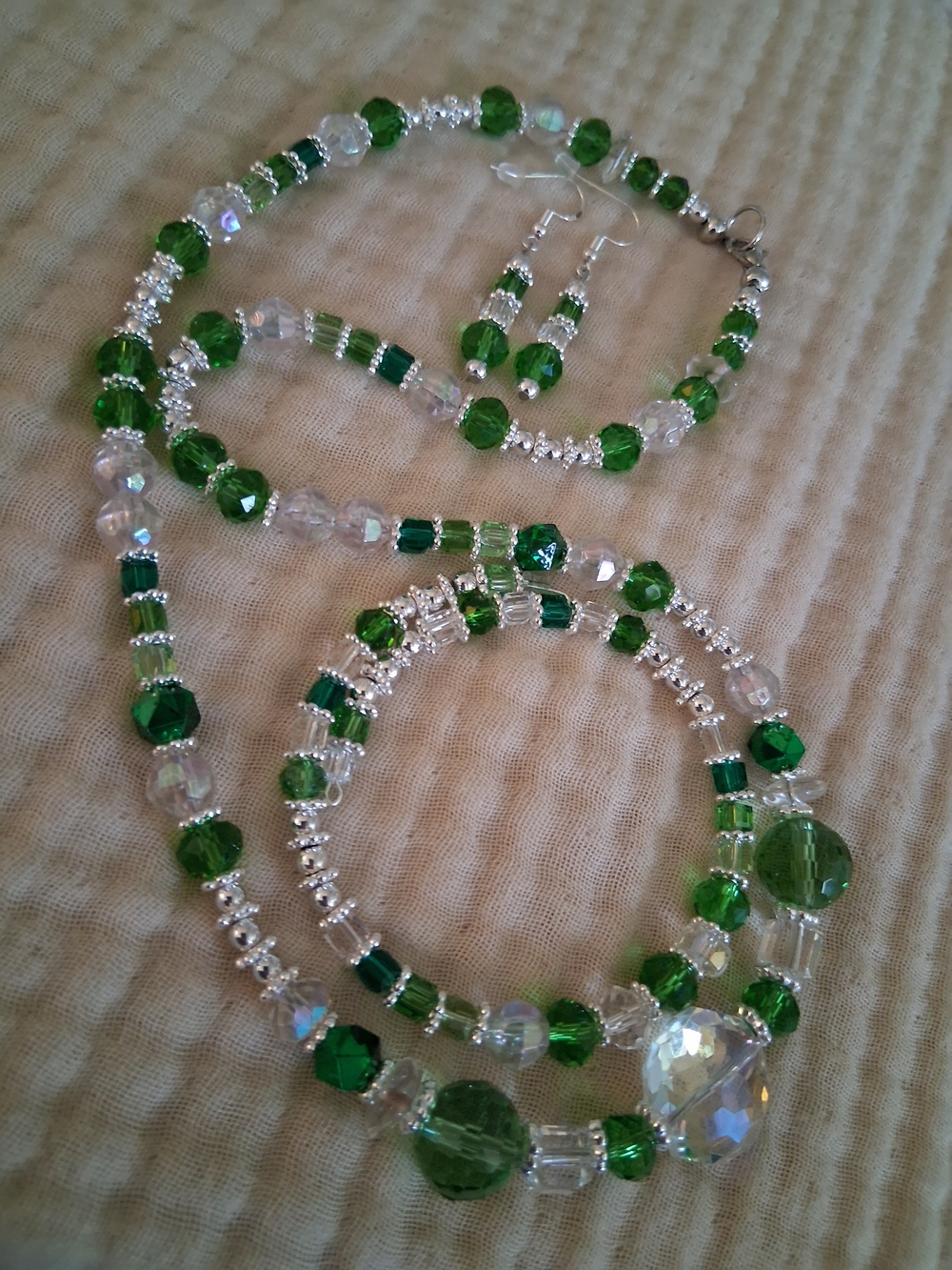 Handmade Green Crystal Bead Necklace, Bracelet & Earring Set